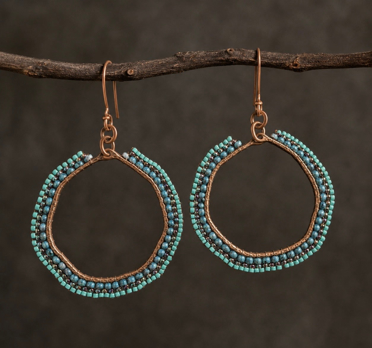 Blue Current Hand-Beaded Copper Hoop Earrings