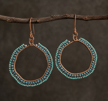 Blue Current Hand-Beaded Copper Hoop Earrings