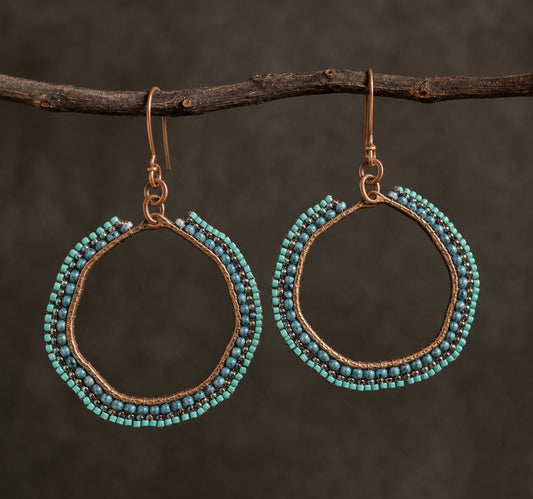 Blue Current Hand-Beaded Copper Hoop Earrings
