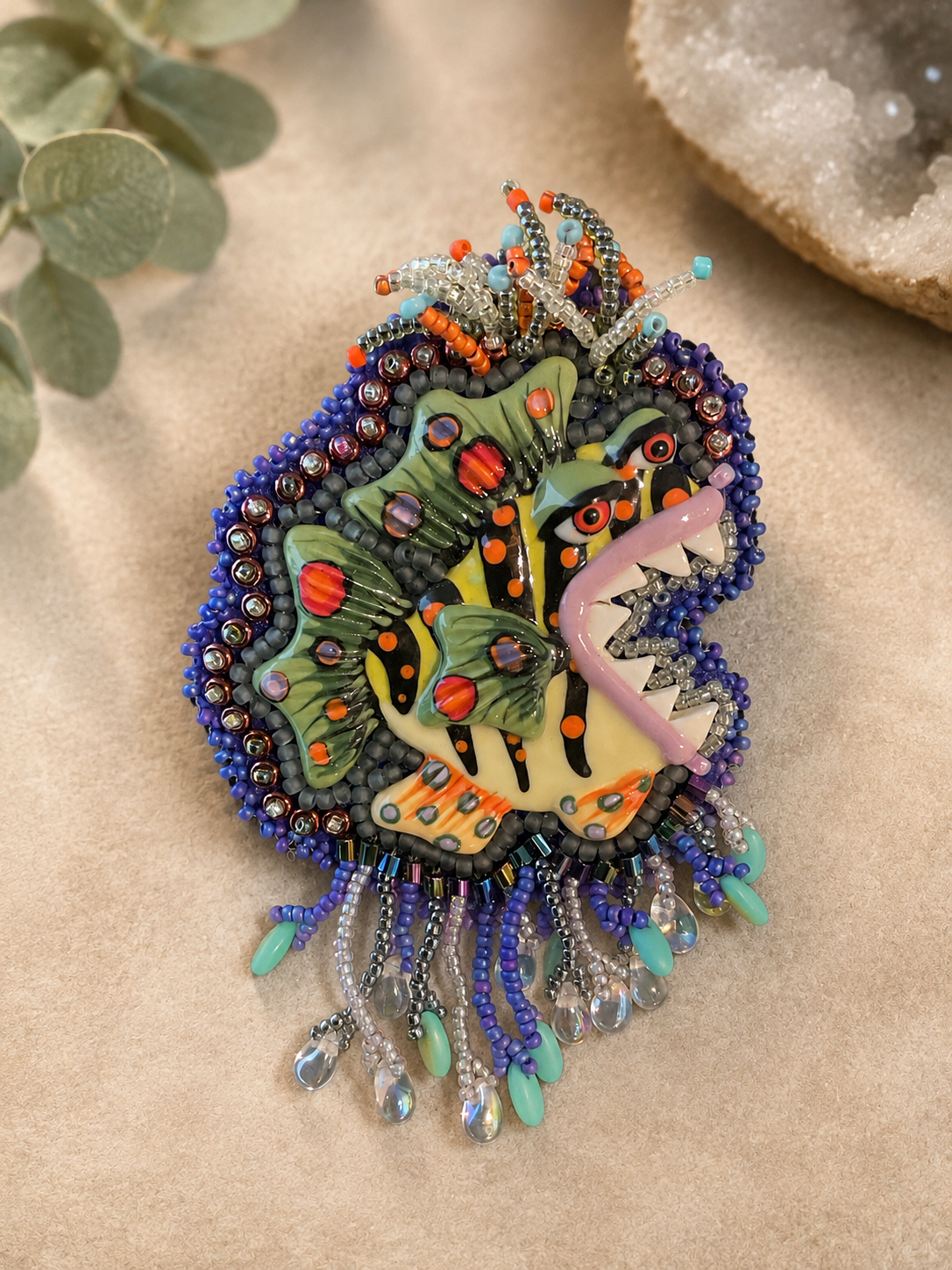 Handmade Ceramic Fish Brooch | Bead Embroidered Artisan Pin with Leather Back