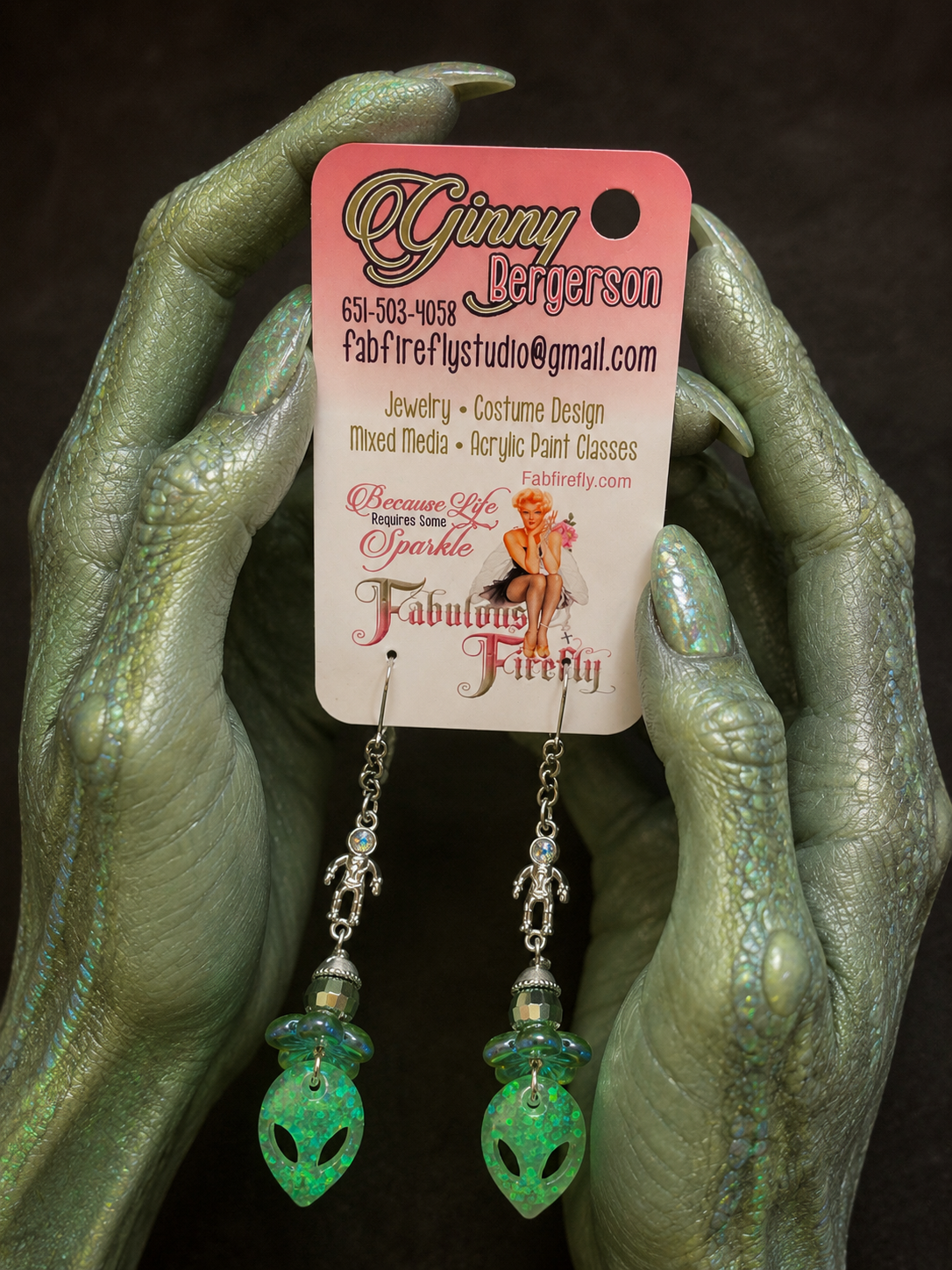 Alien Face Earrings with Spaceman Charms Green Glitter Dangle Earrings