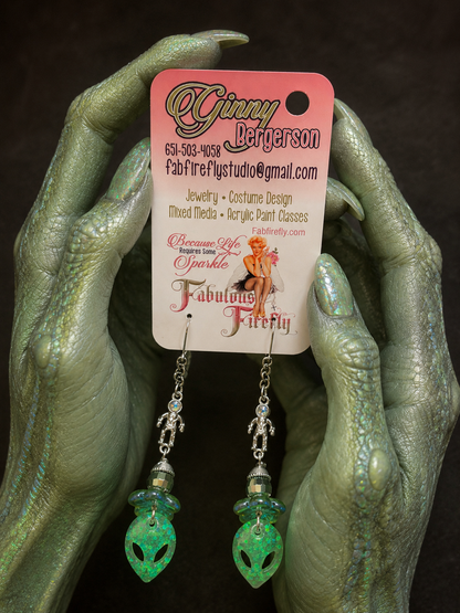 Alien Face Earrings with Spaceman Charms Green Glitter Dangle Earrings
