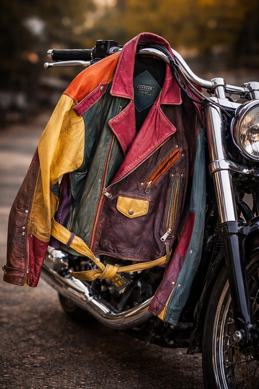 Vintage 80s Express Multicolor Leather Moto Jacket – Distressed Patina, Size Large