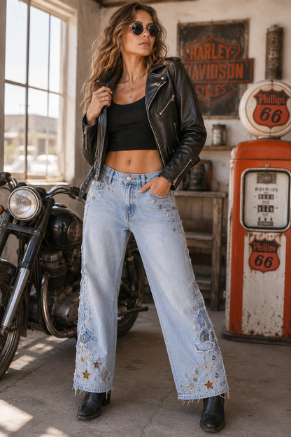 Women’s Distressed Fringe Jeans Size 14 Regular – Denim & Leather Stars, Grommets, Skull Beads, Custom Biker Jeans