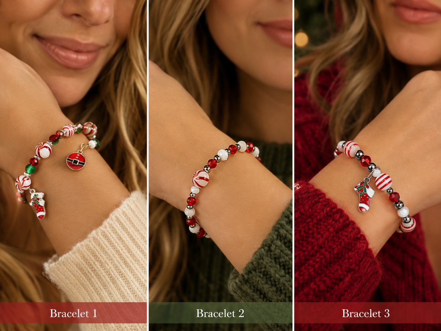 Handmade Christmas Stretch Bracelet with Peppermint Beads, Crystals & Holiday Charms