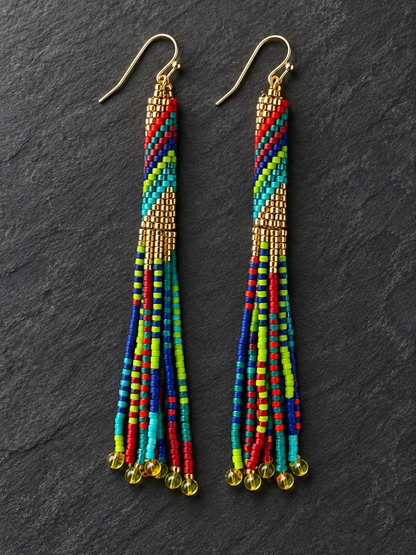 Multicolor Hand-Beaded Fringe Earrings – 3 Inch