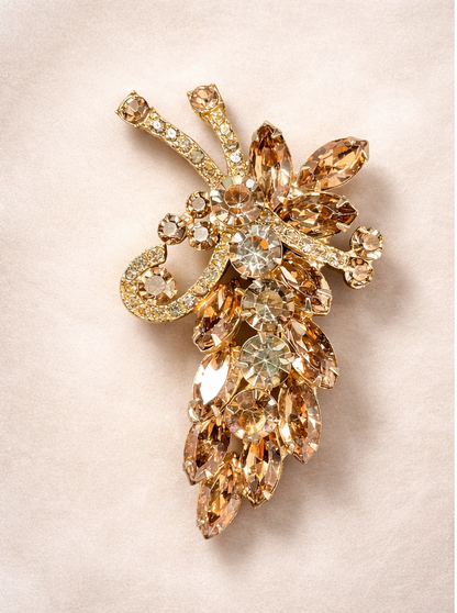 Vintage Amber & Clear Rhinestone Brooch Pin – Gold Tone Statement Floral Spray Brooch