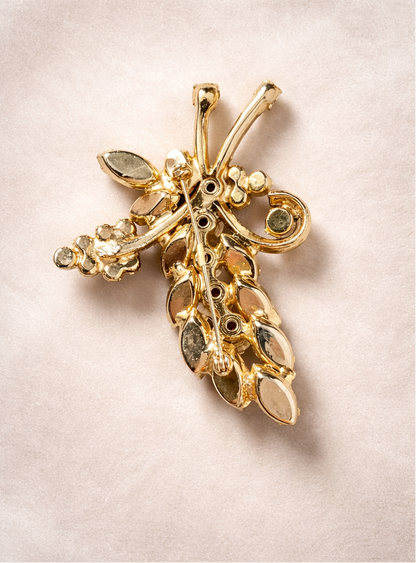 Vintage Amber & Clear Rhinestone Brooch Pin – Gold Tone Statement Floral Spray Brooch