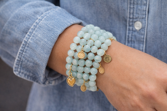 Vintage Six Strand Aqua Bead Charm Bracelet – Sliding Lock Clasp Statement Bracelet