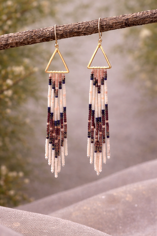 Boho Fringe Triangle Earrings – Neutral Seed Bead Dangle Statement