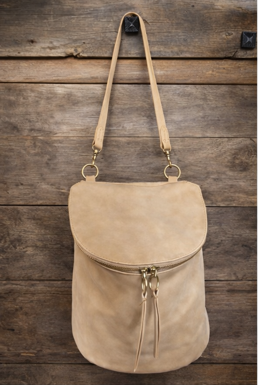 Vintage Soft Suede Look Shoulder Bag – Neutral Beige Faux Suede Purse with Double Zipper Top
