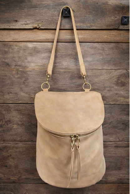 Vintage Soft Suede Look Shoulder Bag – Neutral Beige Faux Suede Purse with Double Zipper Top