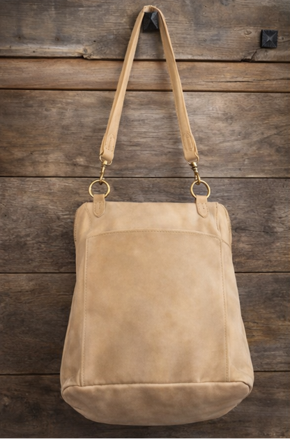 Vintage Soft Suede Look Shoulder Bag – Neutral Beige Faux Suede Purse with Double Zipper Top
