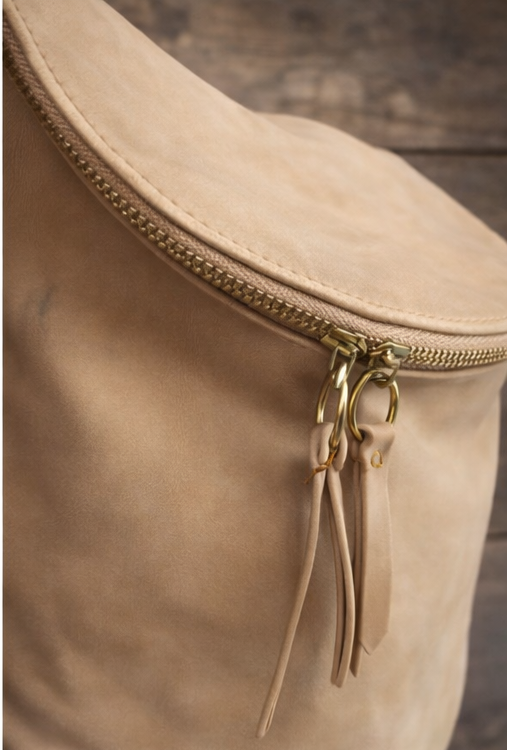 Vintage Soft Suede Look Shoulder Bag – Neutral Beige Faux Suede Purse with Double Zipper Top