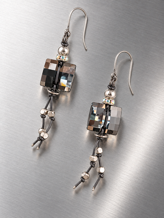 Swarovski Crystal and Knotted Leather Drop Earrings