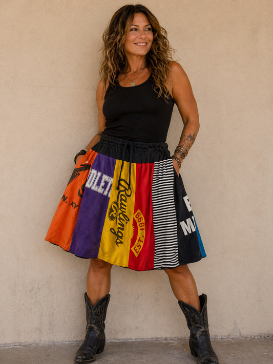Upcycled T-shirt Patchwork Skirt - One-of-a-Kind Boho Sporty Skirt (M-XL)