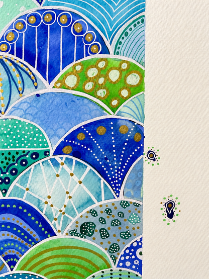Where the Color Patterns Gather – Blue & Green Framed Watercolor Painting