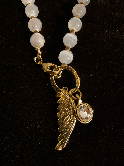 17” Selenite Necklace with Gold-Plated Angel Wing & Swarovski Crystal