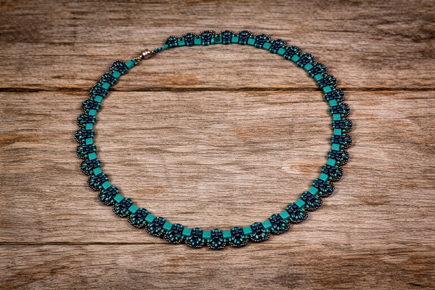 Turquoise Tila Bloom Necklace – Handwoven Beaded Statement with Magnetic Clasp (21”)