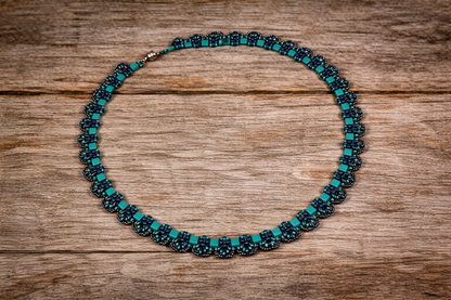 Turquoise Tila Bloom Necklace – Handwoven Beaded Statement with Magnetic Clasp (21”)
