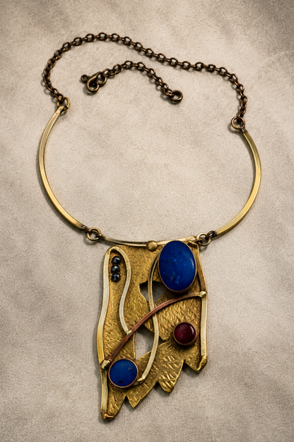 Midnight Blue Abstract Brass Statement Necklace