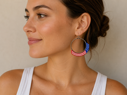 Stars & Stripes Beaded Hoop Earrings – Red White & Blue Silver Hoops