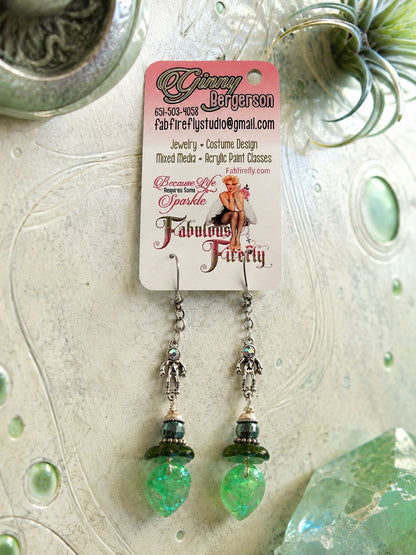 Alien Face Earrings with Spaceman Charms Green Glitter Dangle Earrings