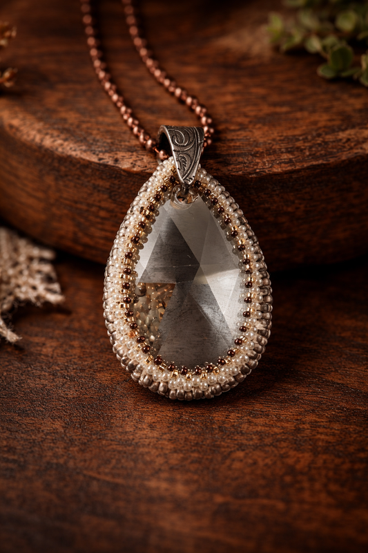 Luminous Drop Crystal Pendant Necklace – Bead Embroidered Statement on Long Ball Chain