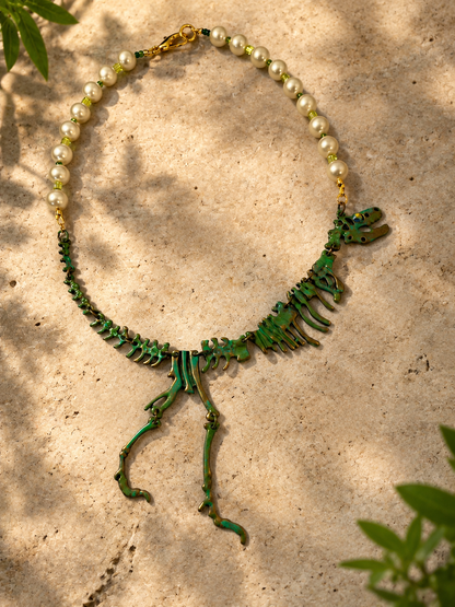 Aurora Borealis Dinosaur Skeleton Necklace – Pearl & Glass Bead Statement Necklace | 18”