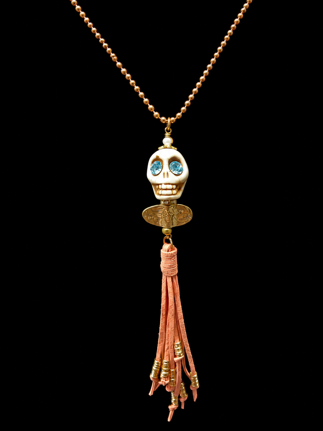 Boho Skull Tassel Necklace – Resin Skull with Crystal Eyes, Crown & Silk Tassel – Choose Your Color