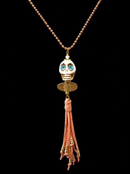 Boho Skull Tassel Necklace – Resin Skull with Crystal Eyes, Crown & Silk Tassel – Choose Your Color