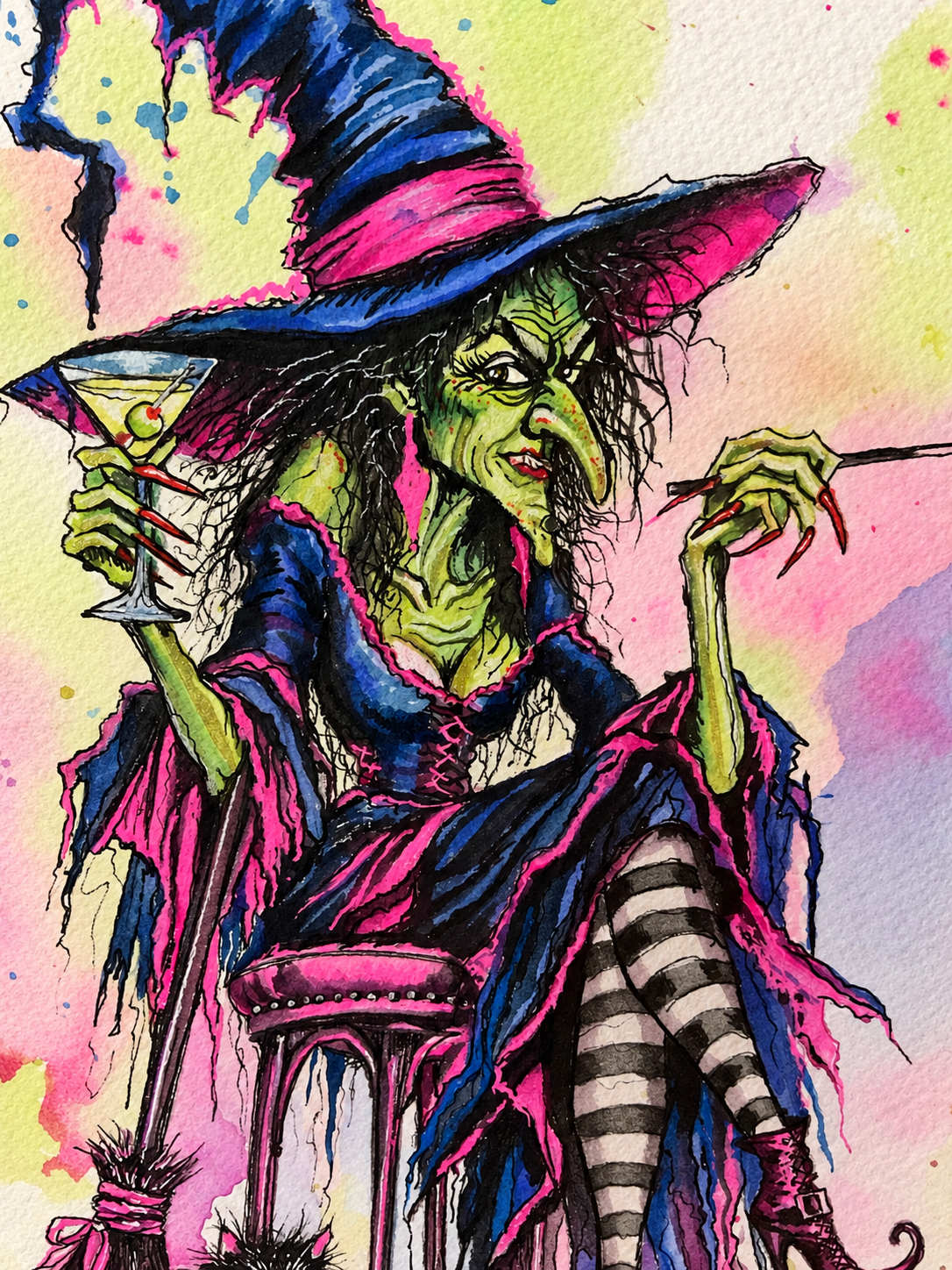 Bad Habits, Good Boots – Original Framed Witch Watercolor Painting