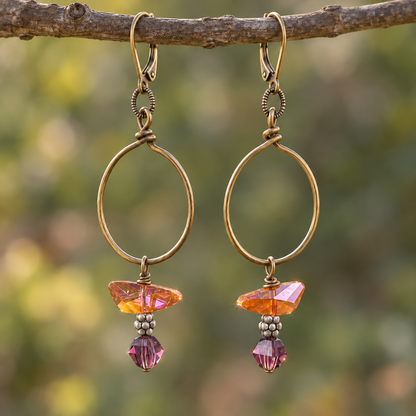 Peach & Plum Swarovski Crystal Bronze Hoop Earrings