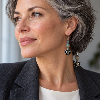 After Dark Hematite & Silver Rose Earrings