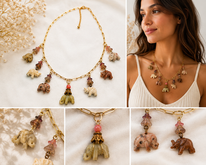 Vintage Elephant Parade Necklace – Hand-Carved Elephant Charms & Czech Glass