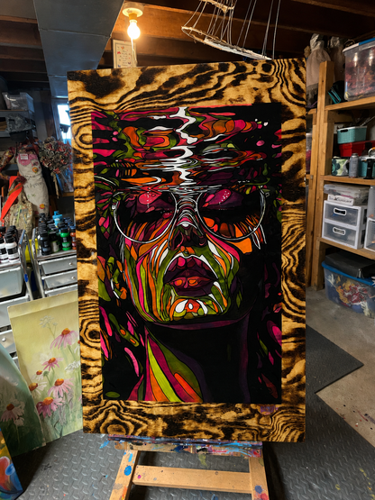 Cool Beneath the Chaos Original Acrylic & Resin Portrait on Shou Sugi Ban Burned Wood Panel 24x48