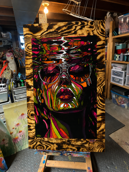 Cool Beneath the Chaos Original Acrylic & Resin Portrait on Shou Sugi Ban Burned Wood Panel 24x48