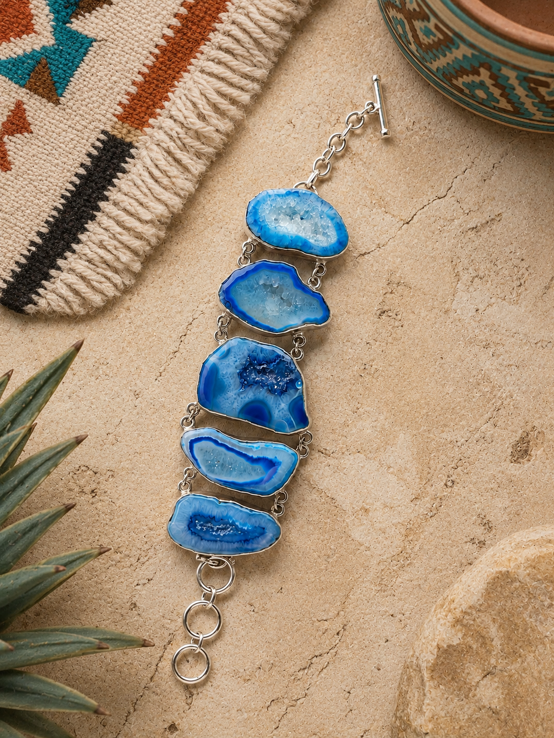 Sterling Silver Blue Druzy Agate Bracelet – 925 Adjustable Toggle Bracelet with Five Natural Stone Slices