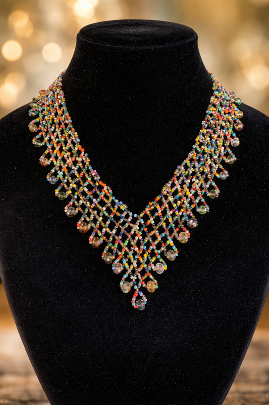Confetti Cascade Vintage Beaded Net Necklace with Crystal Fringe