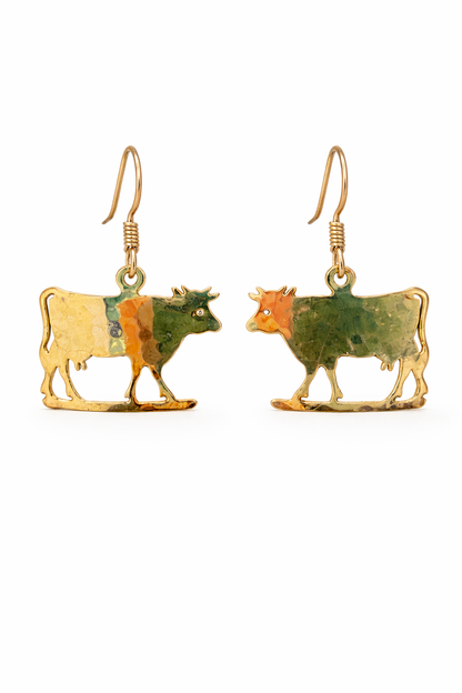 Golden Prairie Cow Earrings  Pounded Gold Western Dangle Cuties