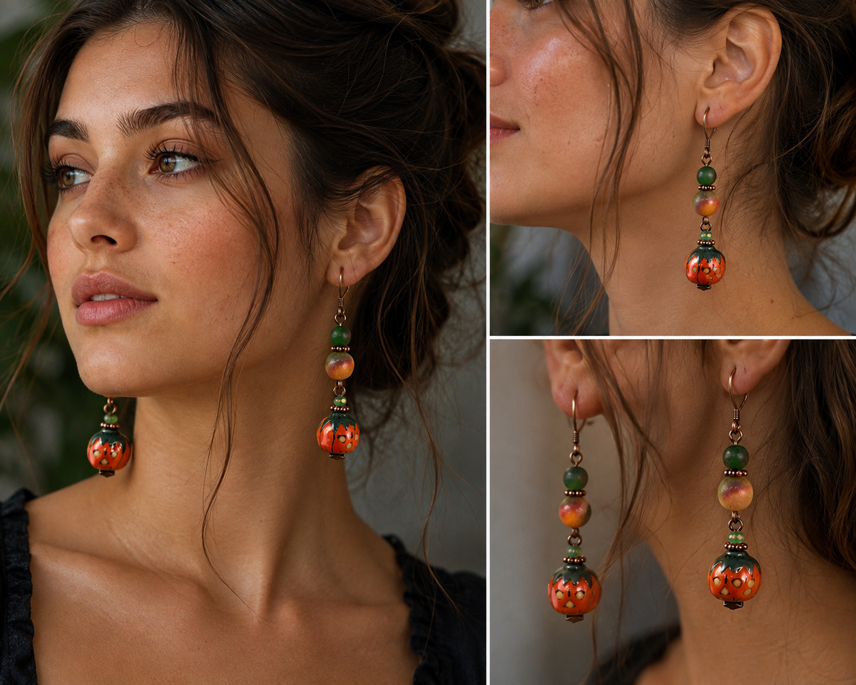 Handmade Porcelain Pumpkin Earrings with Jasper Beads