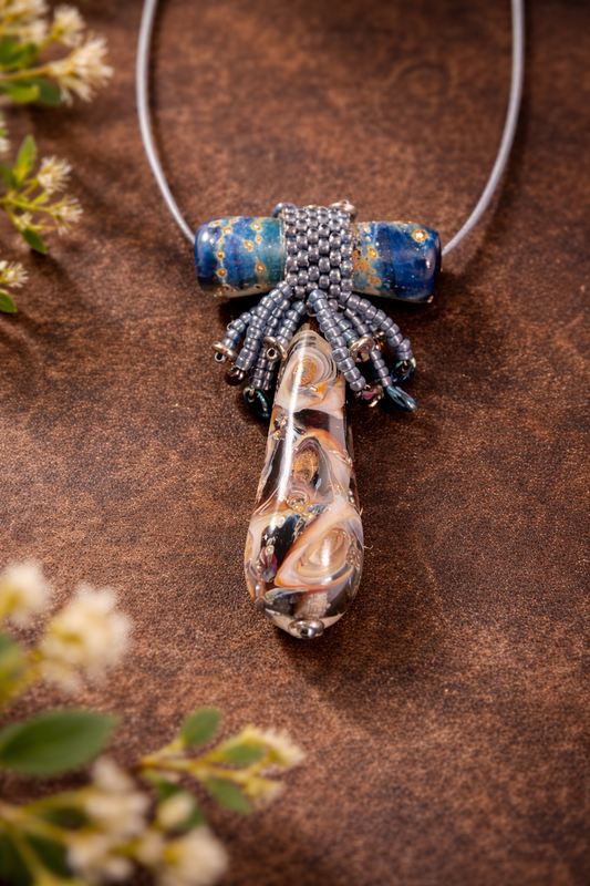 Starry Night Glass Art Pendant Necklace – Hand Blown Beads, Peyote Stitch Fringe, Blue Leather Chain, 18” Boho Artisan Necklace