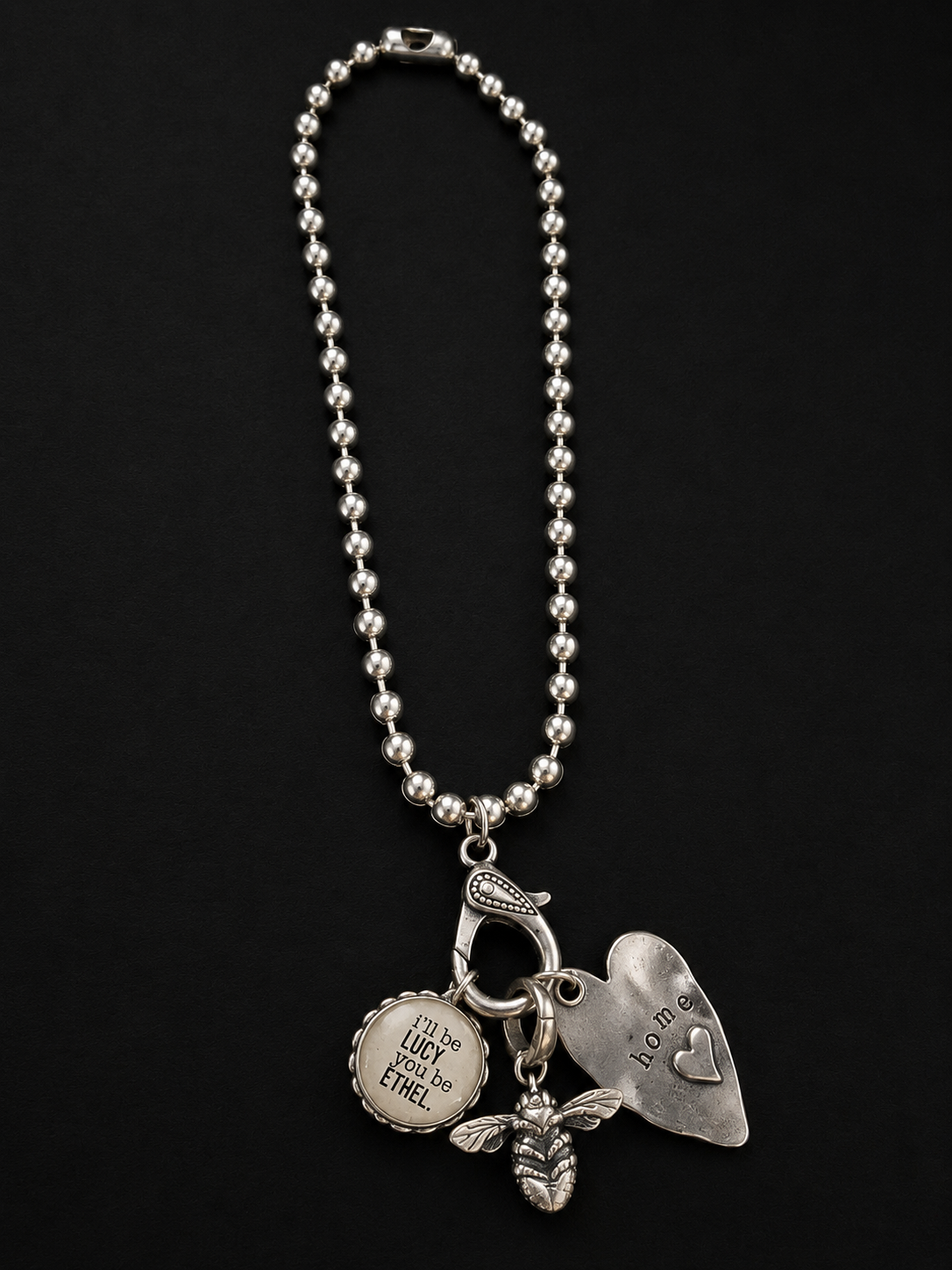 Handmade Lucy & Ethel Charm Necklace | Silver Ball Chain with Bee and Home Heart Charms | 18 Inch Necklace