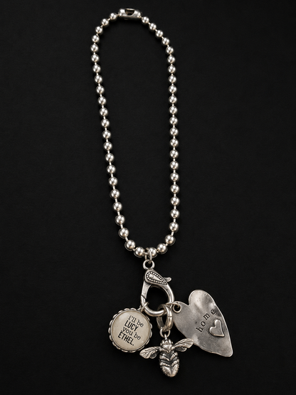 Handmade Lucy & Ethel Charm Necklace | Silver Ball Chain with Bee and Home Heart Charms | 18 Inch Necklace
