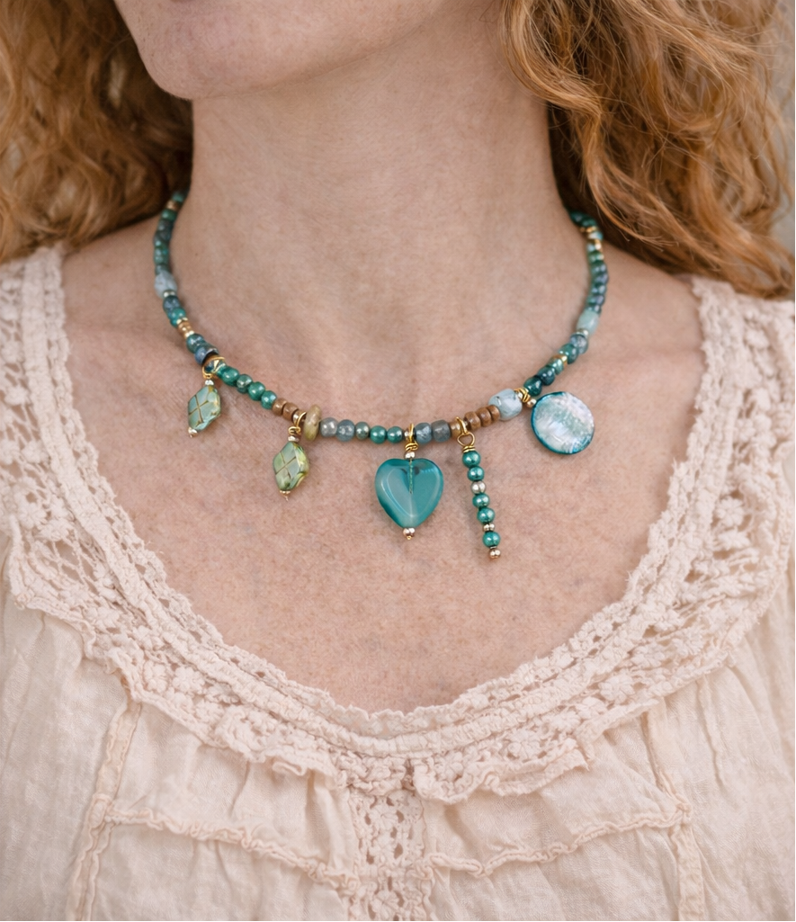 Turquoise Heart Charm Necklace – Czech Glass & Shell Beaded 18” Necklace
