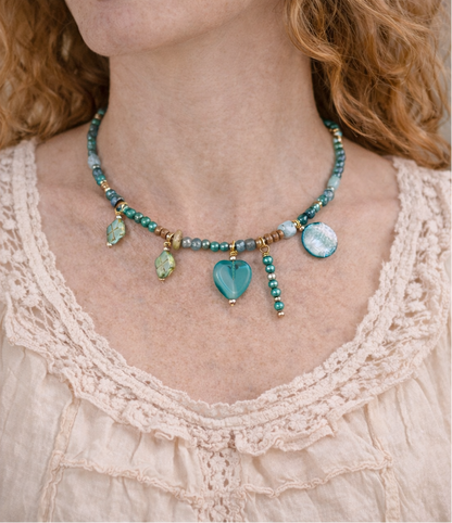 Turquoise Heart Charm Necklace – Czech Glass & Shell Beaded 18” Necklace