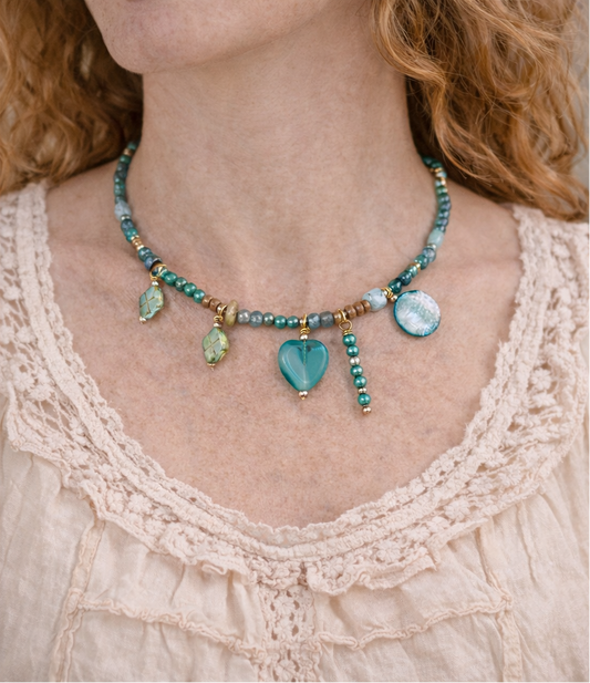 Turquoise Heart Charm Necklace – Czech Glass & Shell Beaded 18” Necklace