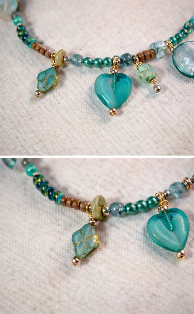 Turquoise Heart Charm Necklace – Czech Glass & Shell Beaded 18” Necklace