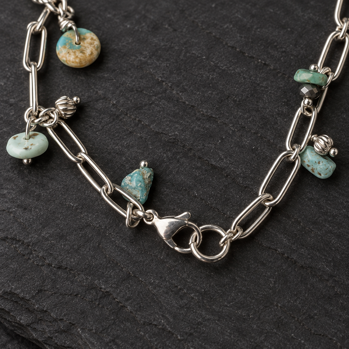 Turquoise & Metal Bead Paperclip Chain Necklace – 28 Inches