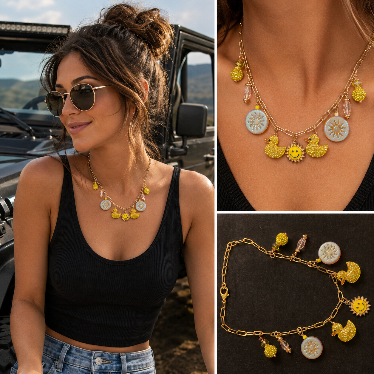 Gold Paperclip Chain Duck Charm Necklace with Vintage Crystals, Enamel Sun Charm & Czech Glass Beads